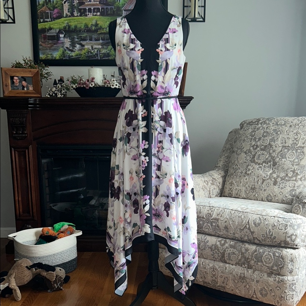 White House Black Market Floral Midi Dress - Black, Purple, and White